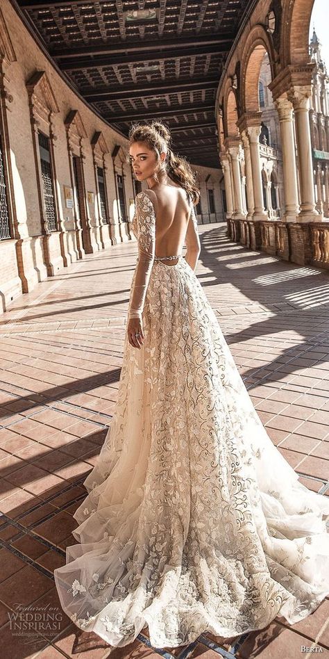 berta fall 2018 bridal long sleeves deep plunging v neck full embellishment romantic sexy a line wedding dress open back chapel train (3) bv -- Berta Fall 2018 Wedding Dresses Wedding Dress Low Back, Berta Wedding Dress, Wedding Dresses 2018, Wedding Dress Chiffon, Back Wedding Dress, Trendy Wedding Dresses, Backless Wedding, Grace Loves Lace, A Wedding Dress