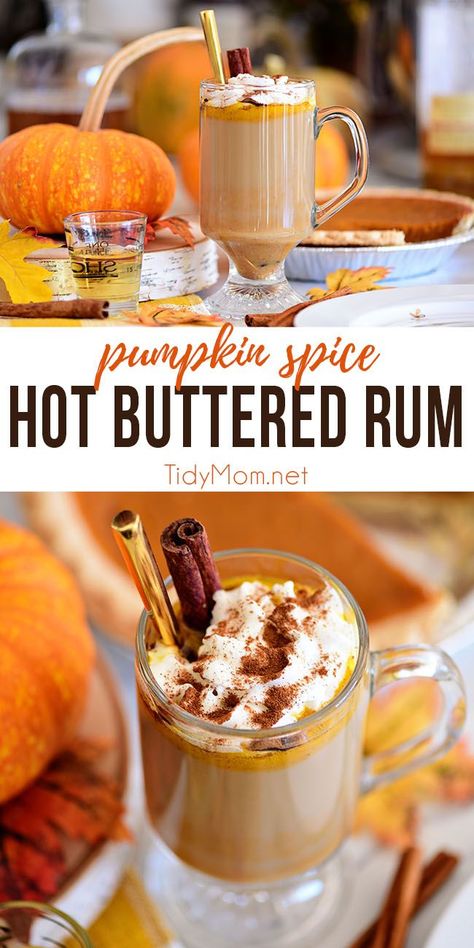 Warm up with a Pumpkin Spice Hot Buttered Rum! This hot toddy is made with brown sugar pumpkin butter, dark rum, and hot tea. Perfect on a cold winter's night! Print the full recipe at TidyMom.net #cocktails #hotbutteredrum #pumpkin #pumpkinspice #cocktailrecipes #thanksgiving #christmas via @tidymom Pumpkin Spice Rum Drinks, Pumpkin Spice Rumchata, Pumpkin Alcohol Drinks, Hot Buttered Rum Batter, Pumpkin Spice Cocktail, Hard Lemonade, Pumpkin Drinks, Buttered Rum, Hot Cocktails