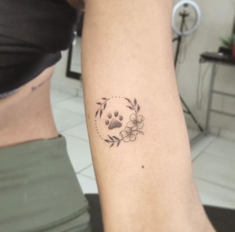 Pet Paw Print Tattoo Placement, Delicate Dog Paw Tattoo, Paw Print Tattoo Flowers, Cat Paw Print Tattoo With Flowers, Flower And Paw Print Tattoo, Paw Flower Tattoo, Paw Print And Flower Tattoo, Paw Print With Flowers Tattoo, Paw Print Tattoo With Flowers