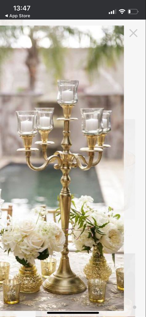 Wedding Candelabra Centerpieces, Candlebra Centerpiece Gold, Gold Candelabra Centerpiece Wedding, Candlebra Centerpiece, Gold Candelabra Centerpiece, Candleabra Wedding, Crete Wedding, Senior Banquet, Candelabra Wedding Centerpieces