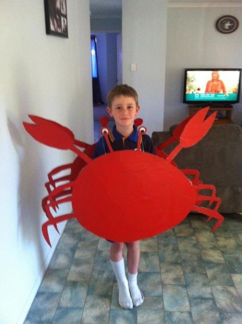 Crab fancy dress Crab Costume Diy, Under The Sea Costumes, Sea Creature Costume, Finding Nemo Costume, Crab Costume, Nemo Costume, Fancy Dress Costumes Kids, Fish Costume, Concert Ideas