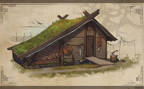 ArtStation - Viking cottage, Frida E. Arntsen Viking House Design, Viking Cottage, Houses Concept Art, Viking Buildings, Viking Houses, Casa Viking, Grass Is Always Greener, Viking House, Viking Village