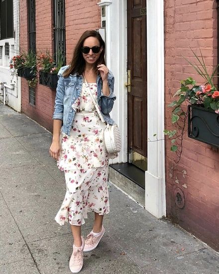 A floral dress and sneakers with a denim jacket in the city  #ShopStyle #shopthelook #SpringStyle #MyShopStyle #SummerStyle #TravelOutfit #OOTD Floral Dress With Sneakers, White Floral Dress Outfit, Floral Dress Outfits, Shrug For Dresses, Casual Skirt Outfits, Floral Dress Casual, White Floral Dress, Spring Outfits Women, Ladies Dress Design