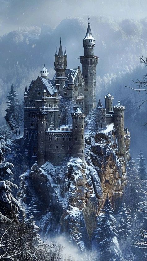 Fantasy Castle In The Mountains, Castle In The Mountains Art, Castle In Snowy Mountains, Minecraft Snowy Mountain Castle, Fantasy World Castle, Minecraft Snowy Castle, Winter Castle Fantasy Art, Snowy Mountain Castle, Fantasy Castle Aesthetic Dark