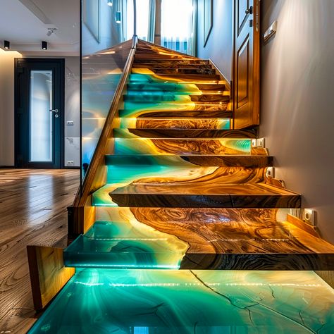 Epoxy Resin Stairs, Woodworking Epoxy Resin, Epoxy Furniture, Live Edge Design, Staircase Designs, Wood Resin Table, Log Cabin Ideas, Cute Furniture, Wood Stairs