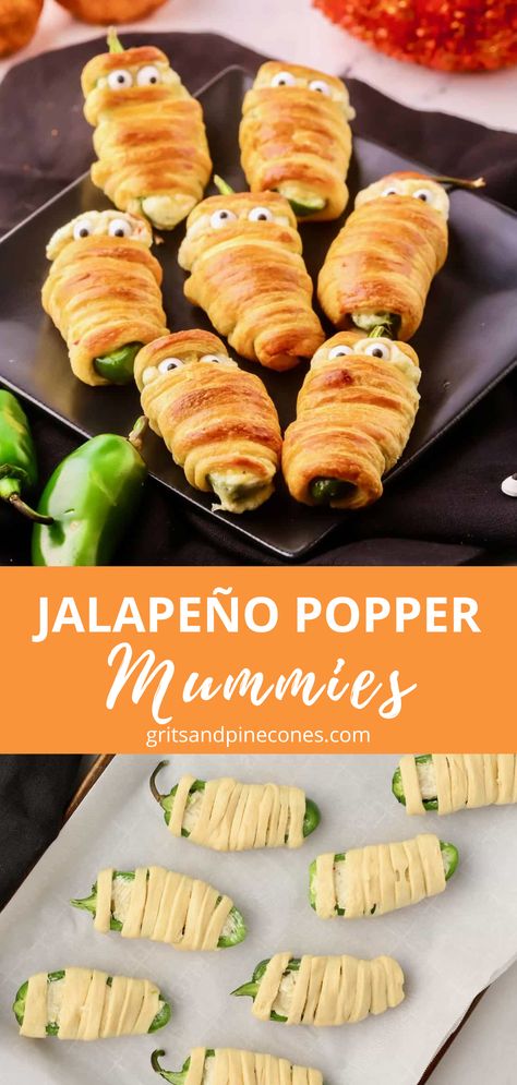 Mummy Peppers Halloween, Mummy Wrapped Jalapeno Poppers, Jalepeno Popper Halloween, Jalapeño Popper Mummies, Halloween Peppers Stuffed, Halloween Treats With Googly Eyes, Jalapeno Mummy Poppers, Jalopena Poppers Mummy, Spooky Jalapeno Poppers