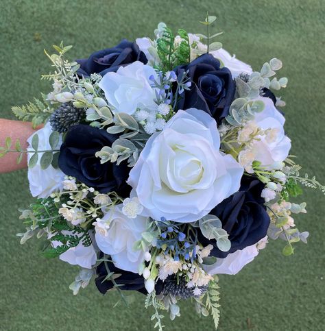 GORGEOUS HAND MADE FULL AND LARGE WEDDING BOUQUET,  Brides bouquet measures 12" across Bridesmaid bouquet measures 10" Flower girl bouquet measures 7" across Boquetes Of Flowers Navy Blue, Navy Blue And White Centerpieces, Navy Blue Prom Bouquet Ideas, Navy Prom Bouquets, Navy Blue Prom Bouquet, Navy Blue Quince Bouquet, Navy Blue Flowers Bouquet, Grey Wedding Flowers, Wedding Flowers With Eucalyptus