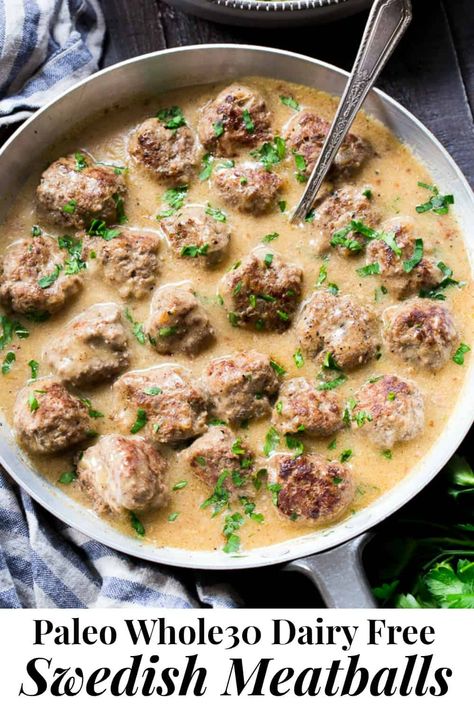 Dairy Free Swedish Meatballs Crockpot, Grain Free Meatballs, Paleo Swedish Meatball Recipe, Dairy Free Egg Free Meatballs, Dairy Free Swedish Meatballs, Aip Meatballs, Whole 30 Meatballs Beef, Turkey Meatballs Dairy Free, Whole 30 Swedish Meatballs