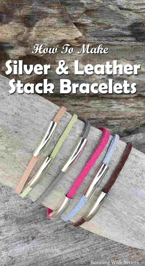 Silver and Leather Stack Bracelets - Learn how to make these simple stack bracelets with adjustable sliding clasps out of colorful leather cords and silver tube beads. Includes step by step instructions and a complete video tutorial.