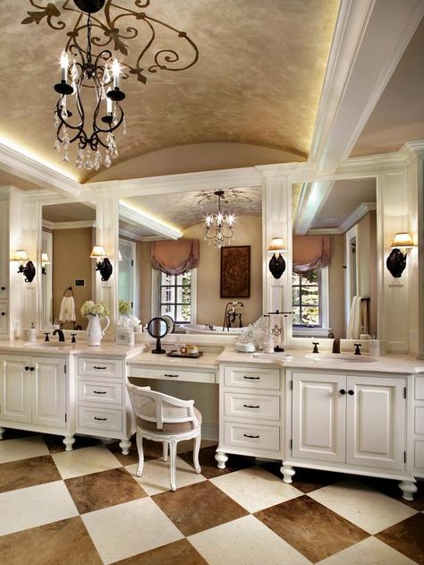 bathroom vanity with makeup vanity attached | French Bathroom With Dual Vanities and Makeup Desk : Designers ... Vanity With Makeup Area, French Style Bathroom, French Bathroom, Traditional Bathroom Designs, French Country Bathroom, French Country Bedrooms, Victorian Bathroom, Country Bathroom, White Vanity Bathroom