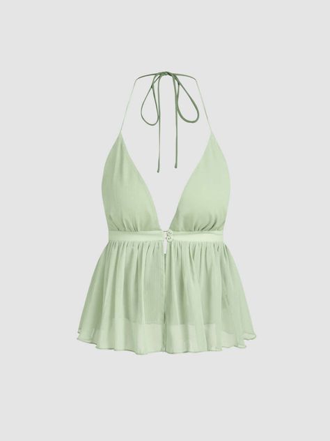 cider ruffle hem v-neck halter crop top Halter Crop Top, Green Top, Green Tops, Ruffle Hem, Cider, Crop Top, Crop Tops, V Neck, Outfit Inspo