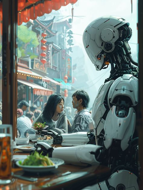 #RobotCooking #ChineseFood #FuturisticCity #FamilyDining #WhiteGlossyMaterial Cooking Chinese Food, Inspirational Digital Art, Photography Movies, Futuristic Robot, Family Dining, High Resolution Images, Old People, Futuristic City, Chinese Food