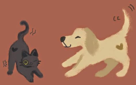 Black Cat Golden Retriever Duo, Black Cat And Golden Retriever, Golden Retriever Boyfriend, Dear Girlfriend, Golden Retriever Drawing, Black Cat Drawing, Milk Teeth, Black Cat Aesthetic, Black Cat Painting