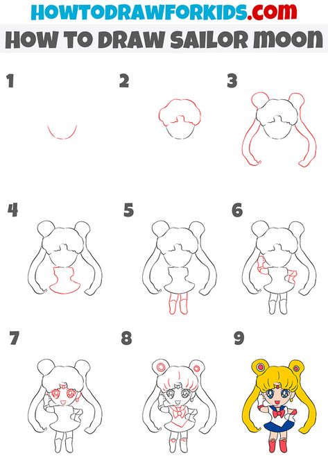 how to draw sailor moon step by step How To Draw Sailor Moon, Sailor Moon Drawing Sketches, Sailor Moon Tutorial, Sailor Moon Doodles, Easy Cartoon Drawings Step By Step, Sailor Moon Sketch, Draw Sailor Moon, Sailor Moon Drawing, Disney Drawing Tutorial