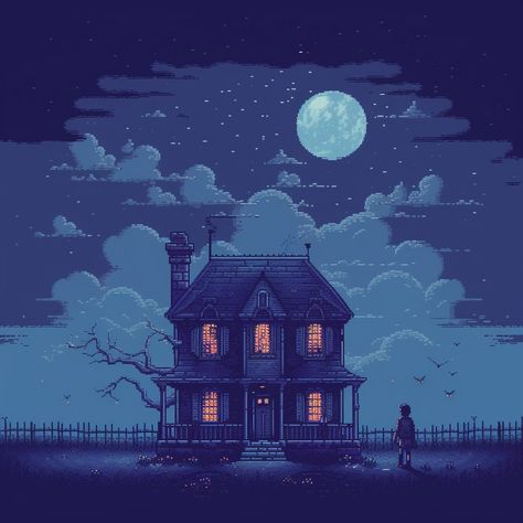 Pixel Art: Haunted House Old Gothic House, Pixel Art Ghost, Ghost Pixel Art, Pixel Base, Pixel Ghost, Pumpkin Game, Creepy Woods, Dark Mansion, Pixelated Art