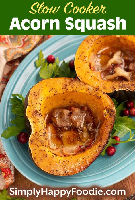 Slow Cooker Acorn Squash is a delicious vegetable side dish recipe. The squash cooks up super tender, and the butter and brown sugar make this a sweet squash recipe. Crockpot Acorn Squash is very easy to make and so satisfying! Acorn squash in the crock pot by simplyhappyfoodie.com Crockpot Acorn Squash, Slow Cooker Acorn Squash, Cooking Acorn Squash, Acorn Squash Recipes Healthy, Fast Crockpot Meals, Crockpot Dessert Recipes, Slow Cooker Recipes Dessert, Acorn Squash Recipes, Vegetable Side Dish