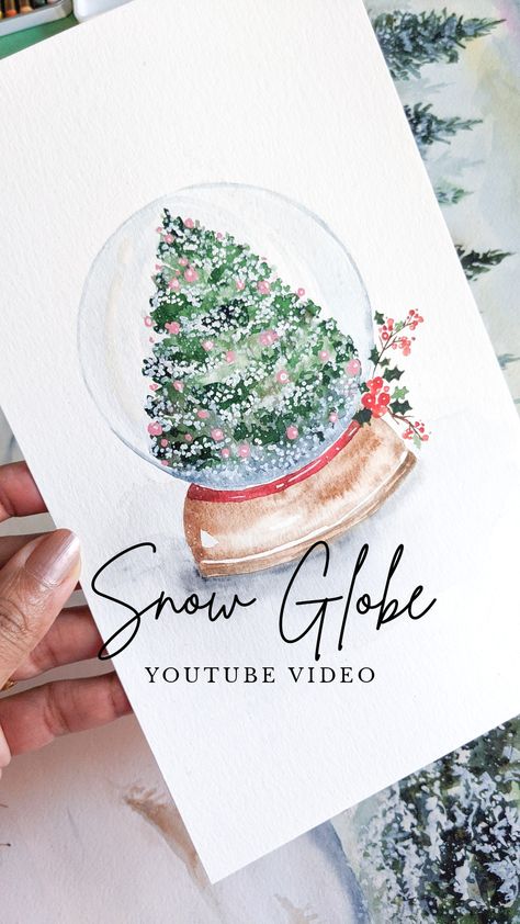 Watercolor Snow Globe, Snow Globe Painting, Snow Globe Watercolor, Snow Globe Illustration, Christmas And New Year Cards, Hello Clarice, Christmas Greeting Cards Handmade, Tree Watercolor Painting, Christmas Snow Globe