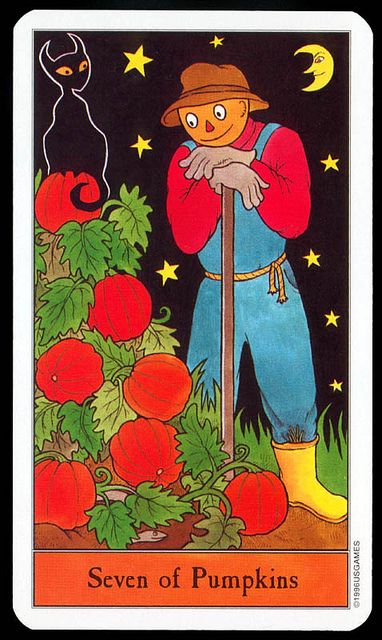 Halloween Tarot 7 Of Pentacles, Halloween Tarot, Tarot Decks Art, All Tarot Cards, Pumpkin Cards, Pentacles, Tarot Cards Art, Tarot Card Meanings, Tarot Card Decks