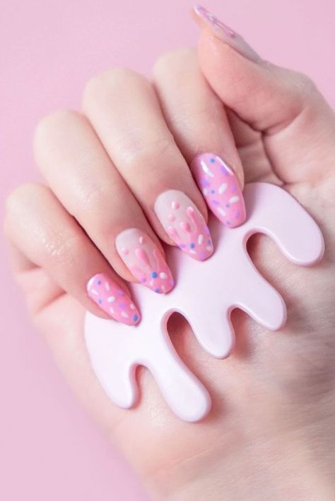 Indulge in the sweetness of summer with these ice cream themed nails featuring colorful sprinkles. Perfect for any sunny day! #summernails #nailart #icecream #sprinkles #manicure Trendy Nail Art Pink, Sunny Nail Art, Pink Ice Cream Nails, Sweet Nail Art, Sweets Nail Art, I’ve Cream Nails, Ice Cream Drip Nails, Popsicle Nail Art, Ice Cream Cone Nails