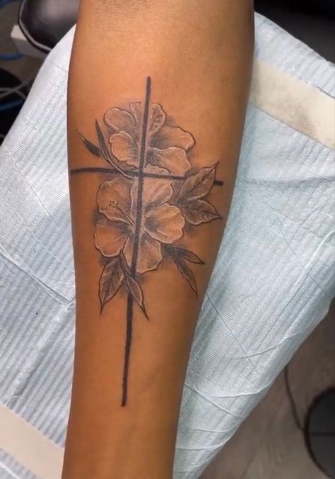 Pin on Tattoos Hibiscus Flower Forearm Tattoo, Cross With Hibiscus Tattoo, Edna Tattoo, Tattoos For Women Cross, Floral Cross Tattoo, Cross With Flowers Tattoo, Pretty Cross Tattoo, Cross Shoulder Tattoos, Tropical Flower Tattoos