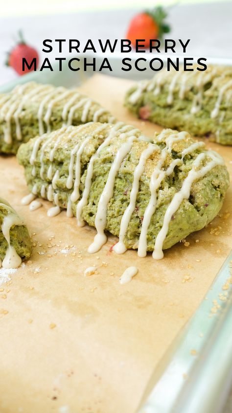 This Strawberry Matcha Scone is soft and tender with crisp edges. It’s an earthy flavor with bursts of strawberry pieces in every bite and a honey glaze on top. Matcha Scones Recipe, Matcha Recipe Baking, Matcha Scones, Asian Inspired Desserts, Strawberry Scones, Strawberry Matcha, White Chocolate Recipes, Discard Recipes, Chocolate Pairings