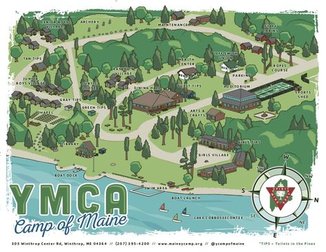 Map & Directions - YMCA Camp of Maine Summer Camp Map, Library Girl, Village Park, Ropes Course, Green Tips, Boat Dock, Health Center, Crafts For Girls, Wedding Stationary