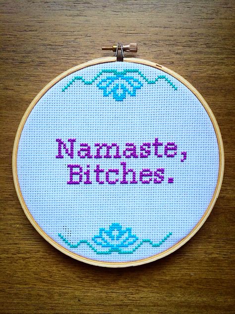 Cross stitch - Namaste Pixel Text, Yoga Cross Stitch, Snarky Embroidery, Namaste Cross Stitch, Feminist Cross Stitch Pattern Free, Its Not A Whorehouse Cross Stitch, Cross Stitch Patterns Cat Meme, Geek Cross Stitch, Goodbye Quotes