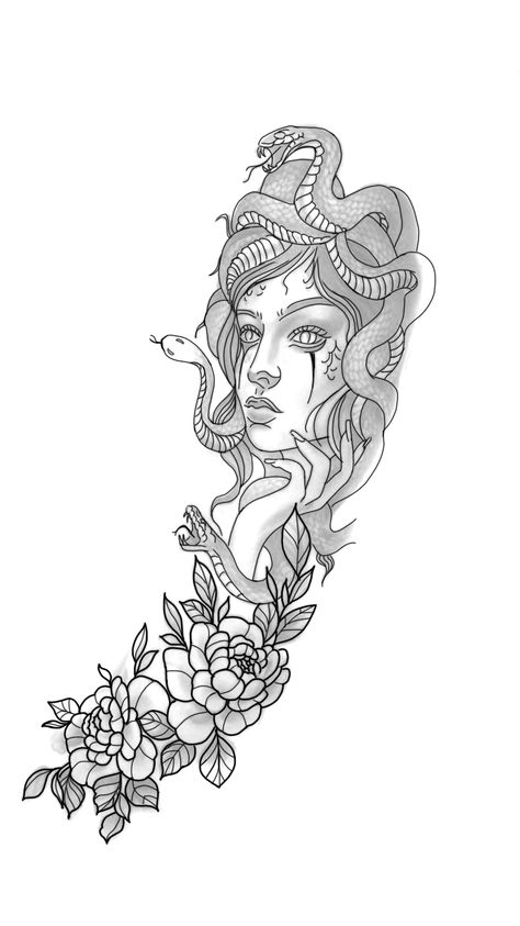 Medusa And Flowers Tattoo, Medusa Flower Tattoo, Medusa Half Sleeve Tattoo, Medusa Arm Tattoo, Medusa Tattoo Design, Manga Tattoo, Medusa Tattoo, Flower Tattoo Sleeve, Half Sleeve Tattoo