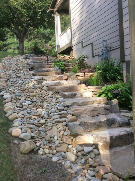 Side yard erosion control Stone Hill Landscaping, Side Yard Retaining Wall Ideas, Landscape Ideas For Side Of House On Hill, Tiered Side Yard, Landscaping Sloped Side Yard, Hill Erosion Control, Sloped Side Yard, Sloped Side Yard Landscaping, Erosion Control Landscaping