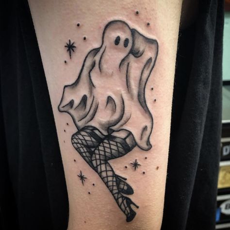 Ghost With Fishnets Tattoo, Goth Ghost Tattoo, Lady Ghost Tattoo, Halloween Pin Up Girl Tattoo, Ghost In Fishnets Tattoo, Traditional Halloween Pinup Tattoo, Ghost Pin Up Girl Tattoo, Ghost Woman Tattoo, Ghost Lady Tattoo