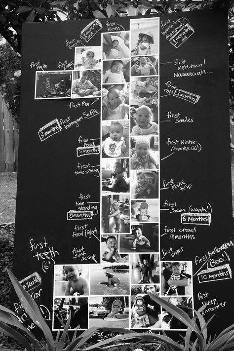 1st Birthday Photo Decorations, Pictures As Party Decorations, Diy 1st Birthday Photo Board, Diy Milestone Board 1st Birthday, First Birthday Photo Board Ideas, Special 1st Birthday Ideas, 1st Birthday Party Photo Display, 1st Birthday Special Ideas, Black And White Photo Party Decor