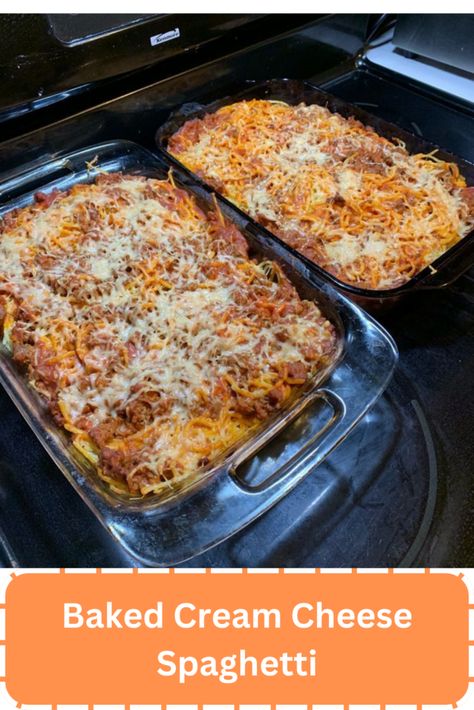 Baked Cream Cheese Spaghetti Baked Spaghetti With Cream Cheese, Spaghetti With Cream Cheese, Cream Cheese Spaghetti Casserole, Ravioli Lasagna Bake, Baked Cream Cheese, Baked Spaghetti And Meatballs, Cream Cheese Spaghetti, Baked Cream Cheese Spaghetti, Easy Marinara Sauce