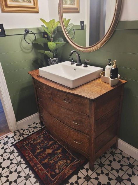 Custom Bathroom Vanity, Antique Vanity, Custom Bathroom, Downstairs Bathroom, Up House, Upstairs Bathrooms, Bathroom Renos, Laundry In Bathroom, House Bathroom