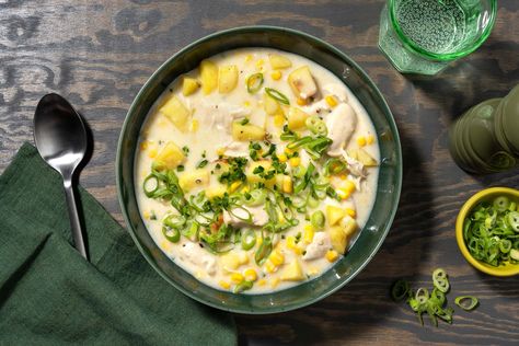 Chicken and Corn Chowder Recipe | HelloFresh Hellofresh Recipes Chicken, Chicken Corn Chowder Soup, Fresh Corn Chowder, Corn Chowder Soup, Chicken And Corn, Milk Nutrition, Chicken Corn Chowder, Corn Chowder Recipe, Chicken Chunks