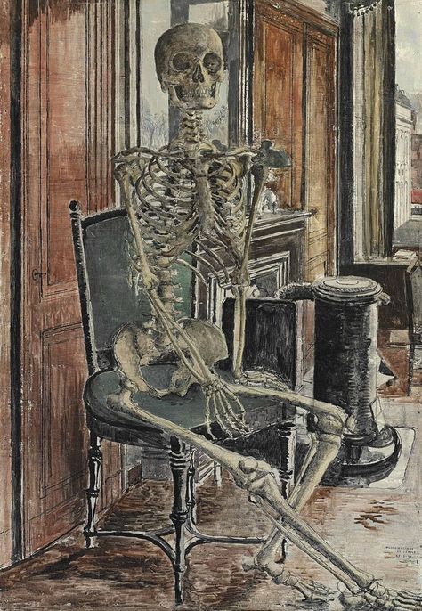 Michael Borremans, Skeleton Sitting, Paul Delvaux, Red Chair, Rene Magritte, Skeleton Art, School Art Projects, Art Et Illustration, Mirror Art