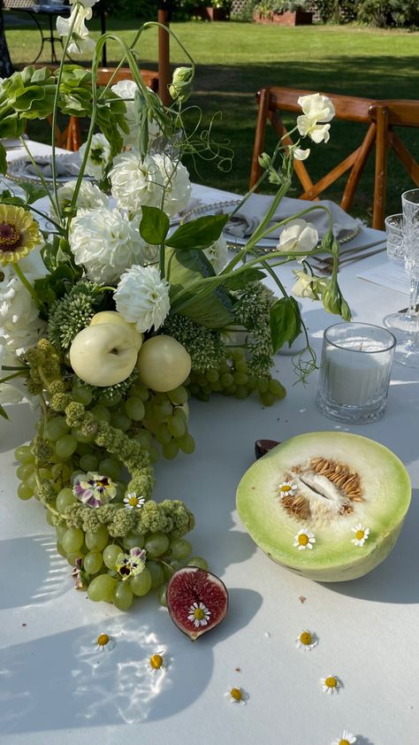 Greenery Table Arrangements, Flat Floral Arrangements, Farm Luxe, Elevated Picnic, Fruit Styling, Fruit Centerpieces, Wedding Content, Fruit Wedding, Flowers And Fruit