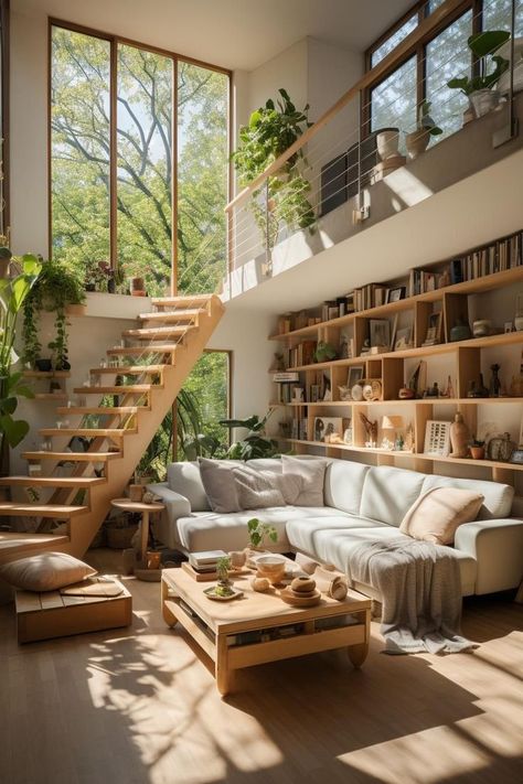 Aesthetic Loft Apartment, Indoor Library, Mezzanine Living Room, Aesthetic Loft, Living Room Balcony, Room Balcony, Room Ambiance, Library Design, Loft Apartment