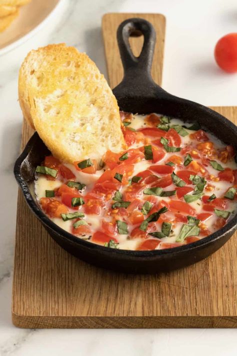 Skillet Caprese Dip - The BakerMama Caprese Dip, Baker Mama, Hot Apps, Marinated Cheese, Mozzarella Tomato, Toasted Crostini, Entertaining Menu, Awesome Appetizers, Delicious Dips Recipes