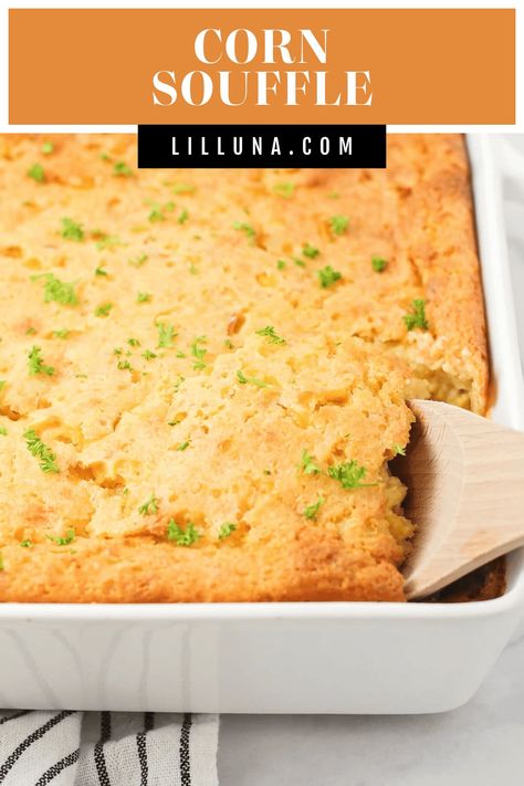 Creamy corn souffle is a light and fluffy casserole version of classic cornbread for a deliciously versatile side dish. #cornsouffle #corn #sidedish Cornbread Souffle, Classic Cornbread, Corn Souffle, Healthy Corn, Thanksgiving Side Dishes Healthy, Creamy Pasta Bake, Best Thanksgiving Side Dishes, Creamy Corn, Favorite Comfort Food