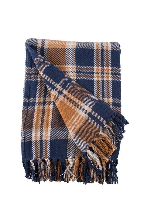 Blue And Burnt Orange Bedroom, Scandi Cabin, Blue Plaid Blanket, Blanket With Fringe, Navy Throw, Plaid Pillow Covers, Plaid Throw Blanket, Plaid Throw, Bed Throw Blanket