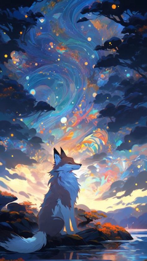 Fox Phone Wallpaper, Fox Wallpaper Aesthetic, Cute Fox Wallpaper, Fox Background, Forest At Sunset, Fox Wallpaper, Starry Night Wallpaper, Night Wallpaper, Wolf Wallpaper