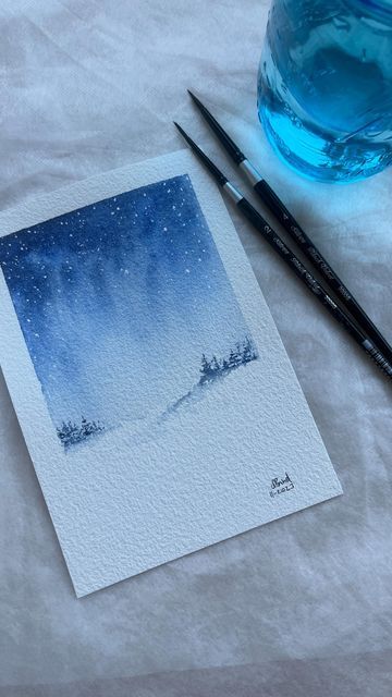 Watercolour Christmas Tree Cards, Watercolor Christmas Cards Diy Simple, Winter Watercolor Paintings Easy, Easy Winter Watercolor, Winter Landscape Painting Acrylic Easy, Winter Watercolor Simple, Winter Card Ideas, Ink Christmas Cards, Easy Christmas Watercolor Cards