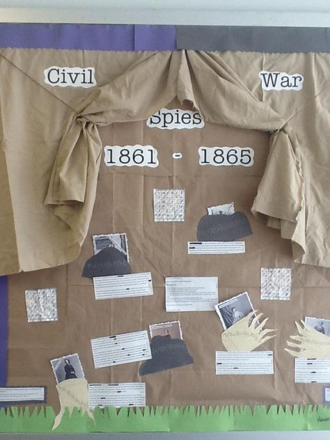 This is my interactive social studies bulletin board on Civil War Spies... Featuring the female spies of the war... High School Social Studies Bulletin Boards, Social Studies Exhibition Ideas, High School Social Studies Classroom, Social Studies Bulletin Boards, History Classroom Decorations, Civics Lessons, 8th Grade History, Teaching Us History, Class Dismissed