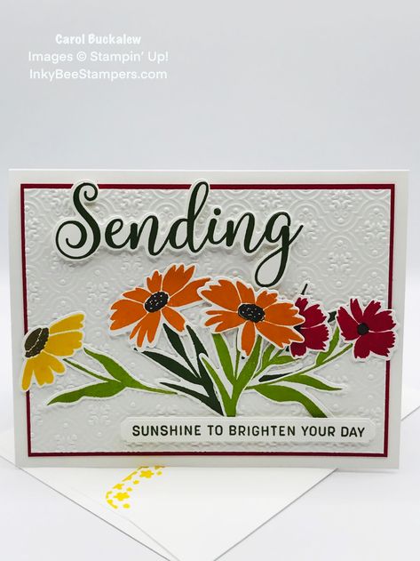 Stampin Up Sending Smiles, Stampin Up Sending, Sending Sunshine, Sending Smiles, Daisy Cards, White Panel, Colour Combos, Hello Cards, How To Make Paper Flowers