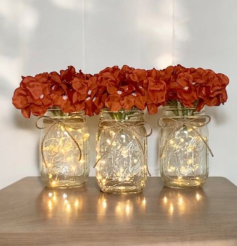 Fall Wedding Centerpieces Lighted Wedding Decor Mason Jar Boho Orange Event Centerpiece Fall Bridal Shower Decor for Wedding Reception - Etsy Fall Wedding Flowers October Centerpiece Ideas, Fall Themed Centerpieces Wedding, Fall Flower Centerpieces Mason Jars, Budget Fall Wedding, Burnt Orange Centerpieces, Burnt Orange Wedding Centerpieces, Fall Wedding Shower Decorations, Fall Reception Decor, Fall Engagement Party Ideas