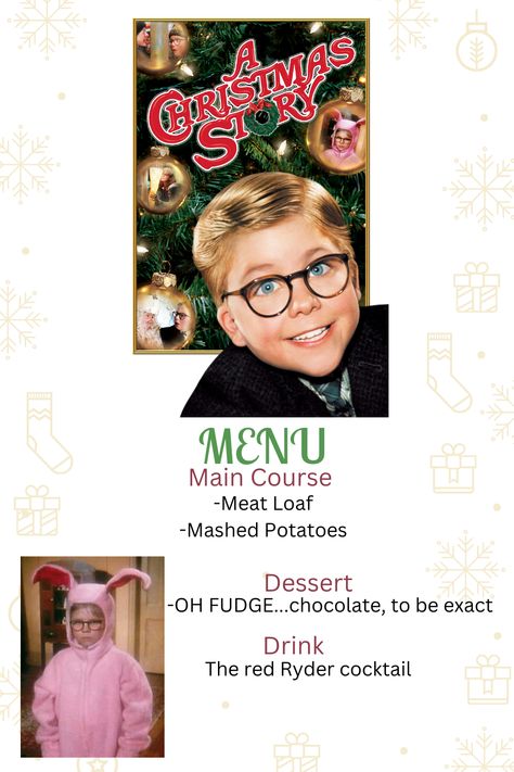 Christmas Story Movie Night, Christmas Movies And Dinner, Christmas Movie Recipes, Christmas Movie Dinner Ideas, A Christmas Story Party, Christmas Story Party Ideas, Movie Meals, Disney Movie Themed Dinner, Disney Nights