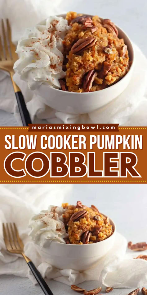 Look forward to this Slow Cooker Pumpkin Cobbler! Made with a cake mix topping and optional pecans, this pumpkin idea is an easy Thanksgiving dessert everyone will love. Serve this crockpot cobbler recipe at your Thanksgiving dinner party! Pumpkin Slow Cooker Dessert, Crockpot Fall Dessert Recipes, Pumpkin Dump Cake Slow Cooker, Halloween Party Crockpot Recipes, Crockpot Pumpkin Cobbler With Spice Cake, Thanksgiving Dessert Crockpot, Crock Pot Fall Desserts, Pumpkin Dessert In Crockpot, Slow Cooker Recipes Thanksgiving