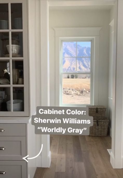 SW “Worldly Gray” - Studio McGee Worldly Gray Sherwin Williams, Sherwin Williams Alabaster White, Sherwin Williams Alabaster, Worldly Gray, Interior Wall Colors, Farmhouse Paint Colors, Alabaster White, Paint Color Inspiration, Farmhouse Paint