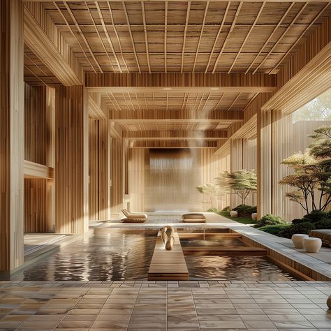 Zen suite meets summer vibes—self care spa day when? 🧘‍♀️🌱 - Eco-Friendly Japandi Style Hotel featuring Organic Architecture and Natural Materials located in the Heart of the Botanical Gardens. Inspired by Kengo Kuma 🎋 - #spadayeveryday #dreamhotel #earthyvibes #selfcaredays #kengokuma #japandidesign #hotelgoals #Organicarchitecture #luxuryspa #selfcareishealthcare #hotelliving #botanicalgarden Japandi Spa, Self Care Spa Day, Zen Architecture, Spa Architecture, Luxury Spa Design, Modern Japanese Design, Modern Lobby, Japanese Spa, Hotel Swimming Pool