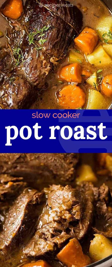 Slow Cooker Pot Roast is the ultimate one pot family meal! This is the most incredible yet amazingly simple way to make pot roast in the slow cooker. Fall apart beef, tender vegetables and potatoes smothered in a rich gravy.